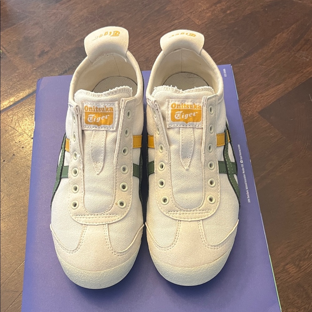 Onitsuka Tiger by Asics Kids White Sneakers with Green and Yellow Stripes